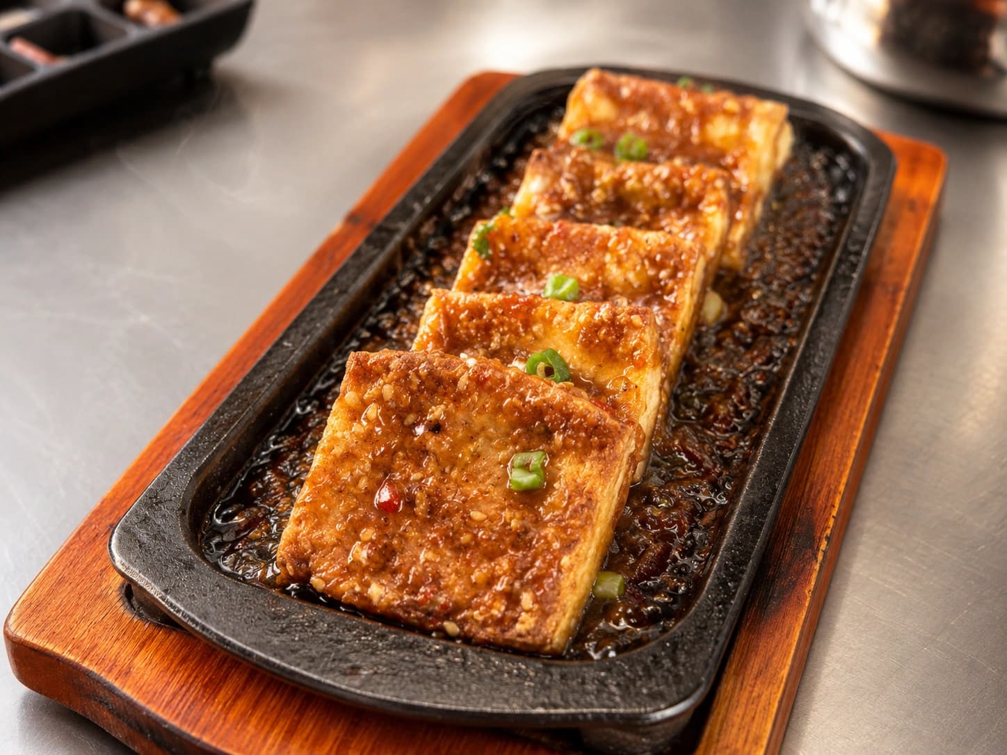 Tofu glaceado servido na chapa